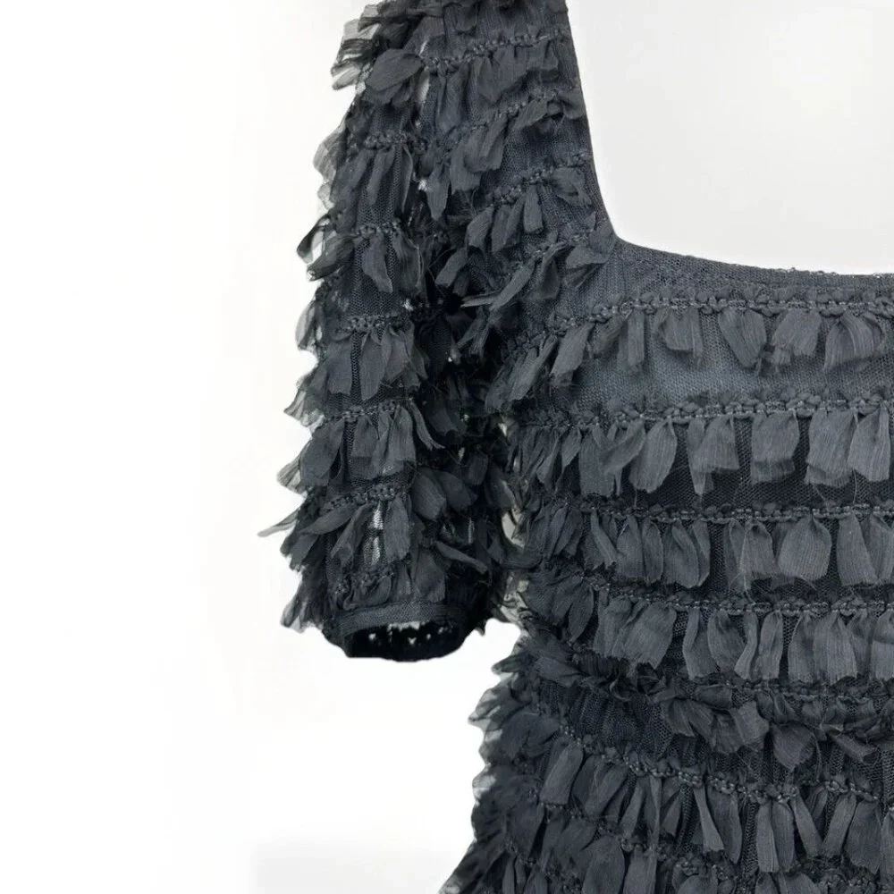 ✨ NWT Zara Black Tulle Fringe Mini Dress Small Puff Sleeve Ruffle 🖤 - Picture 8 of 16